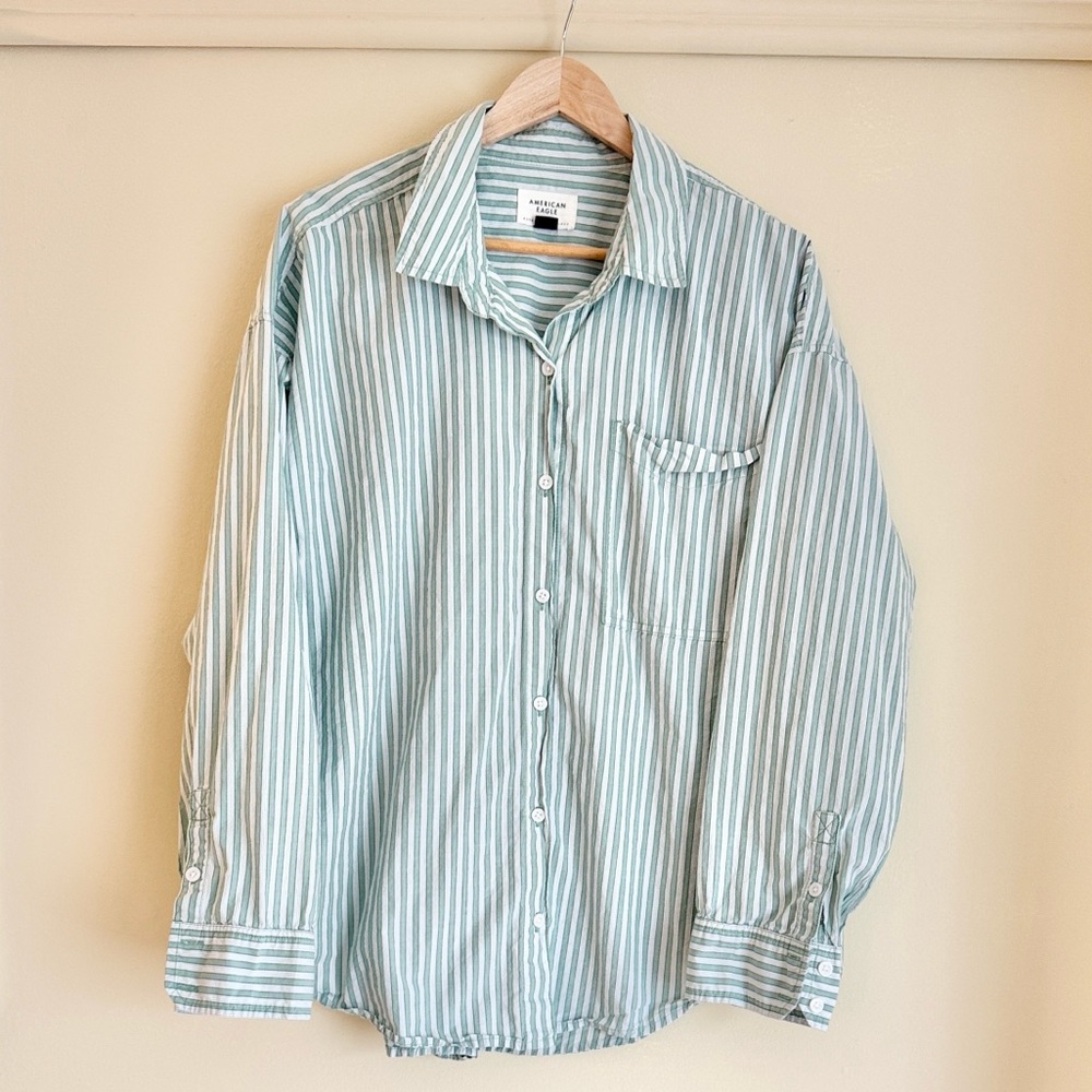 AEO women’s XL Pefect Button Up Shirt green and white striped oversized fit - Picture 2 of 7